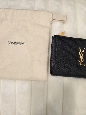 Authentic Saint Laurent Black Leather YSL Monogram Wallet with Gold Hardware